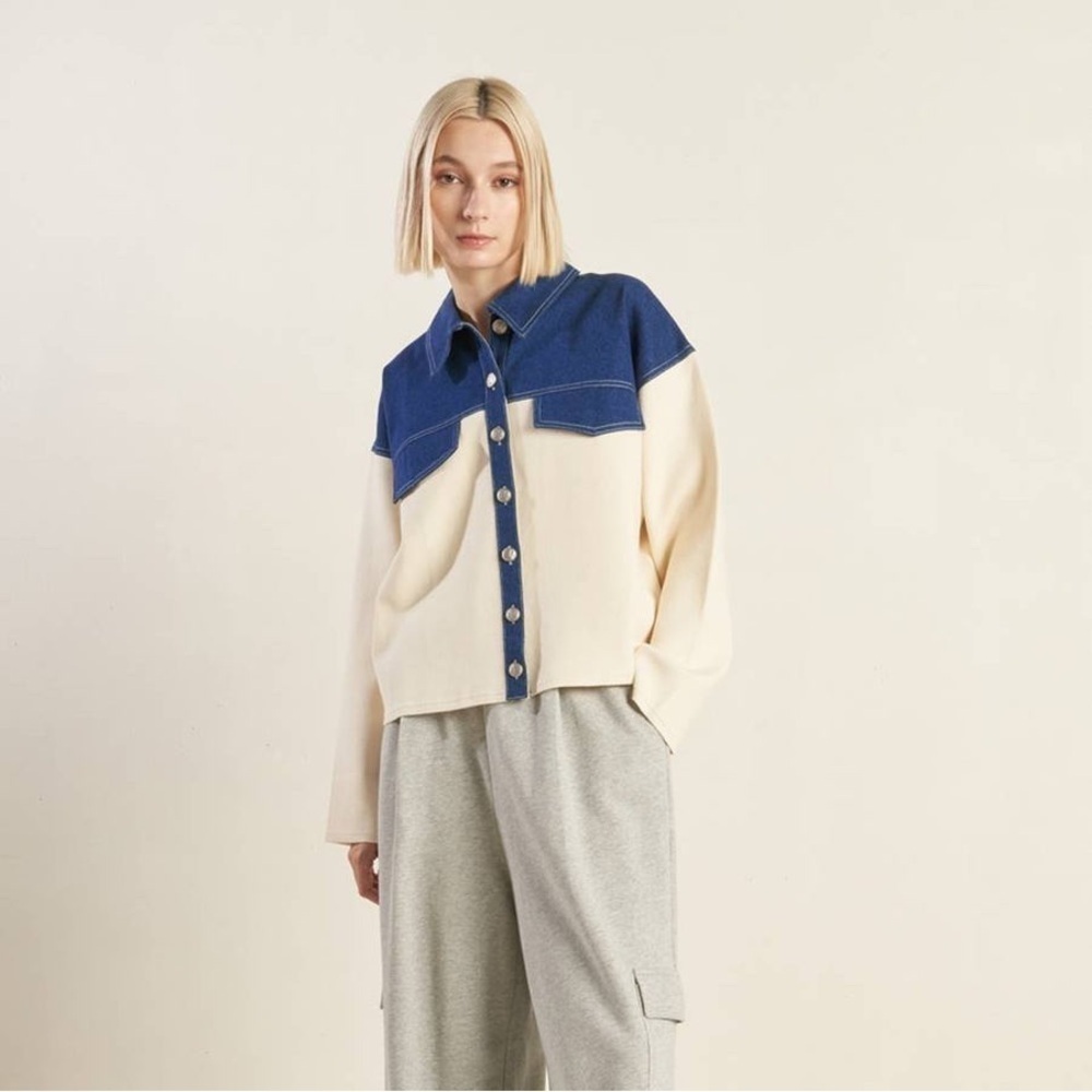 Flying Tomato “Free Market” Sweet Harmony Denim Combination Jacket Blue + Cream